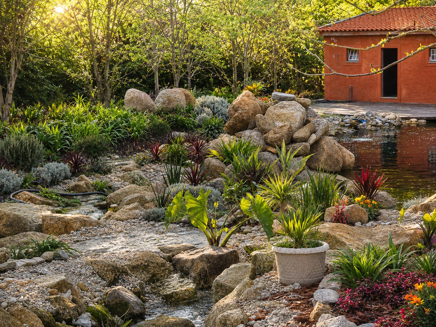 A stone-lined garden stream beside an earthen building