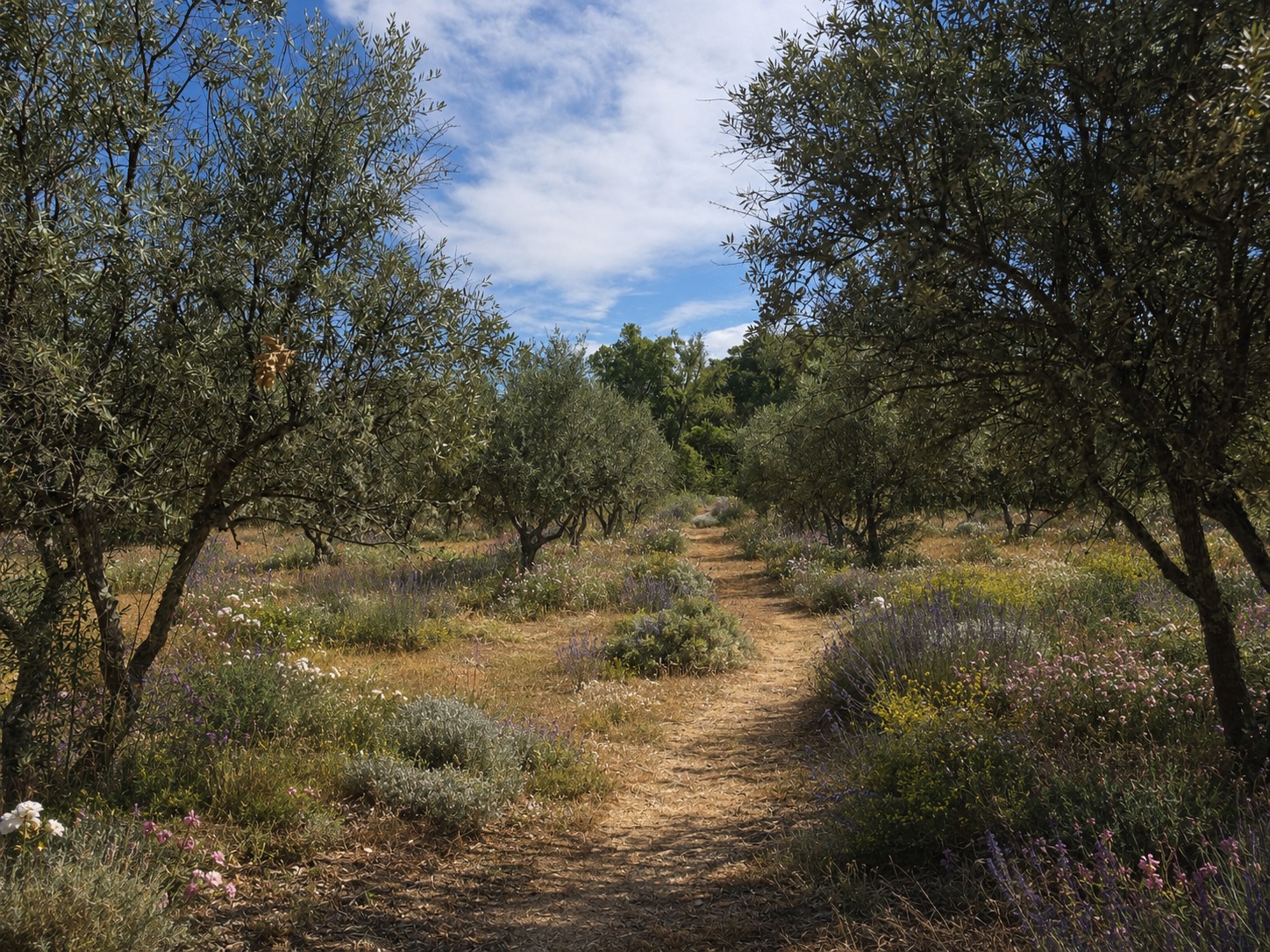 A path through an olive grove underplanted with lavender and wildflowers