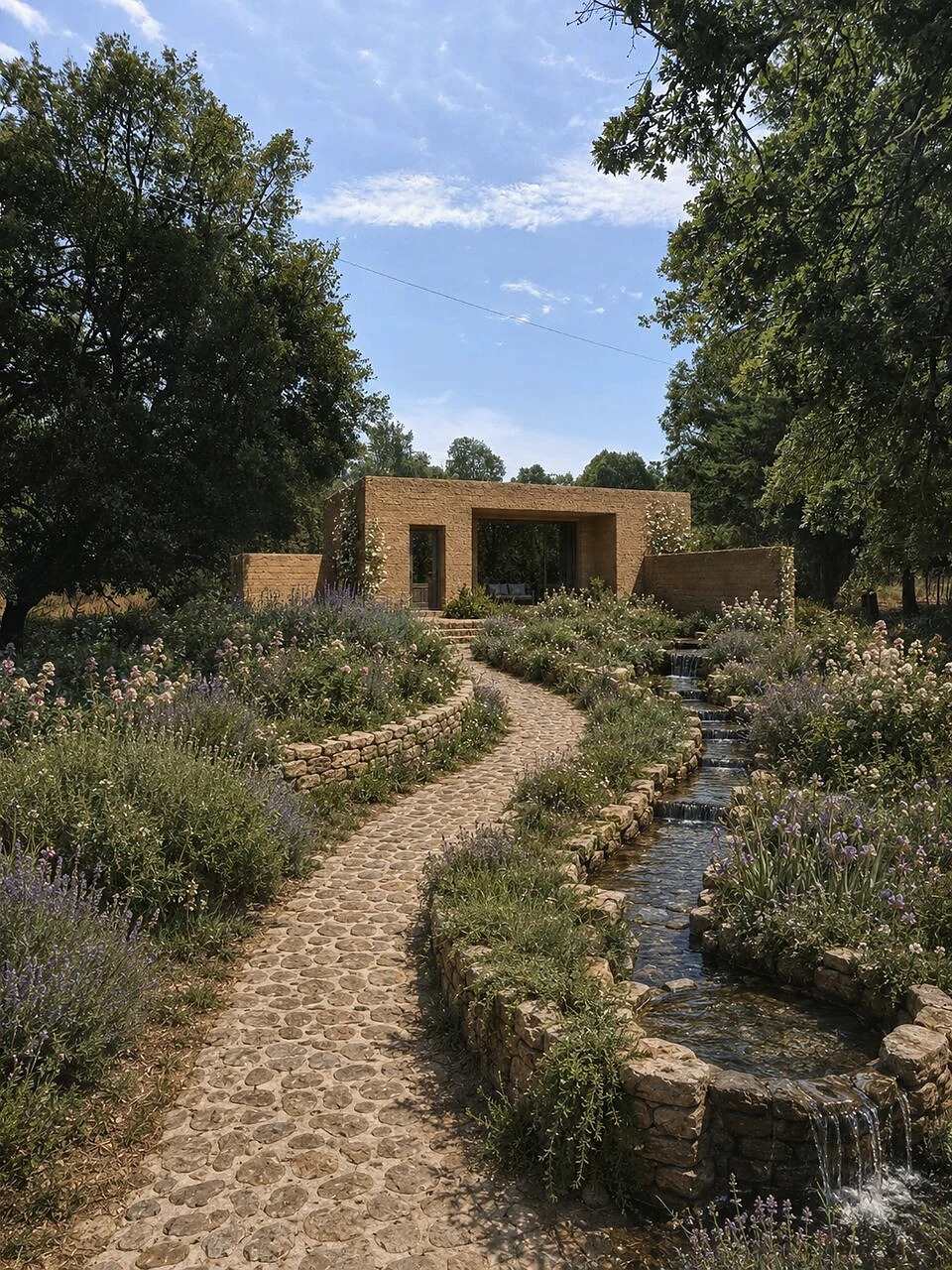 An earthen pavilion beside a stone rill and cobbled path
