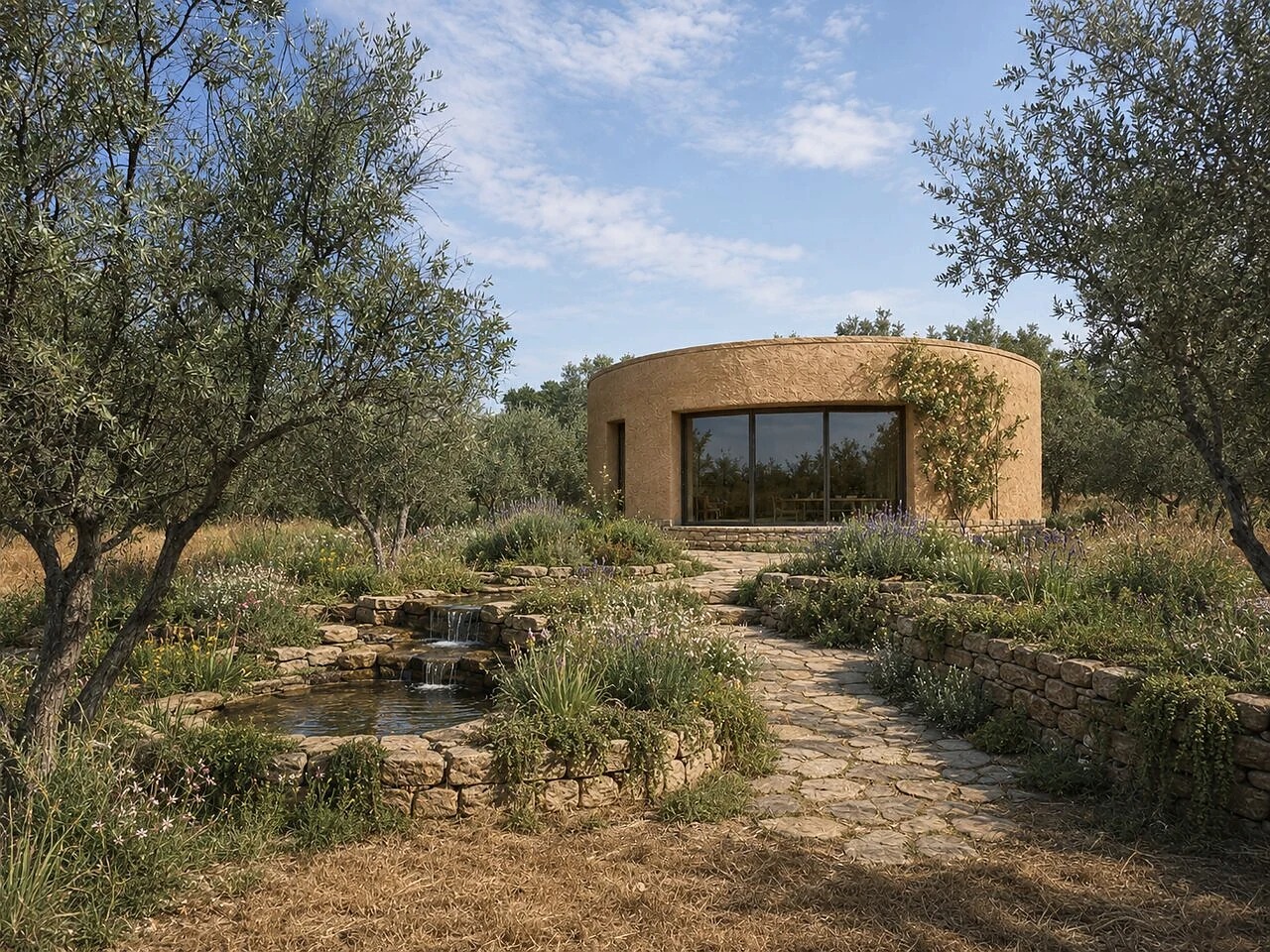 A round earthen villa above a stone-edged pool at The Elysian Gardens