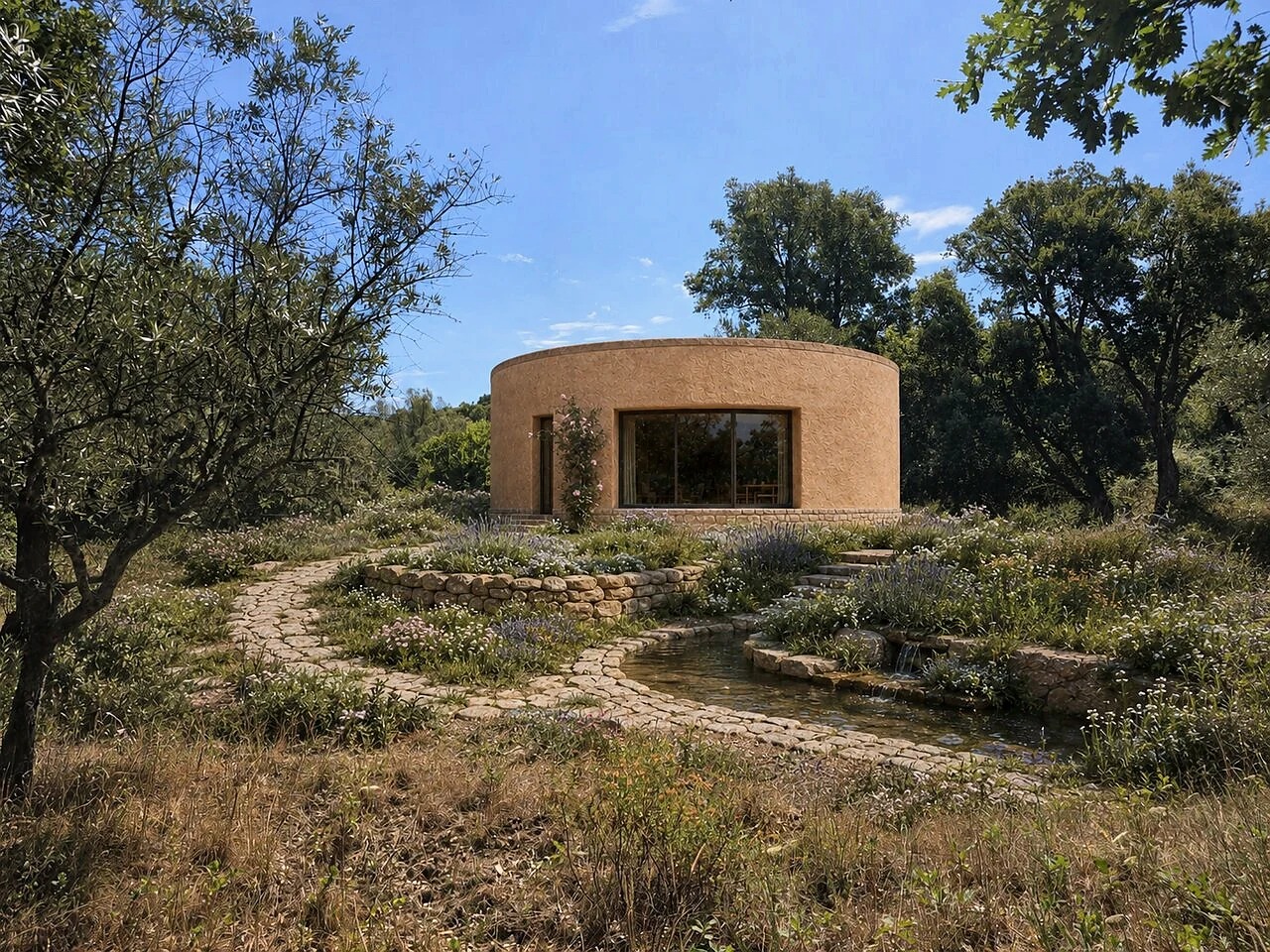 A round earthen villa set in a meadow, reached by stone paths