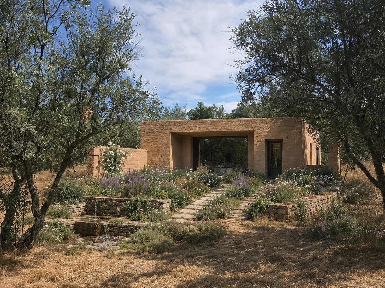 A long earthen building with a deep open portal, the shared gathering space of the gardens
