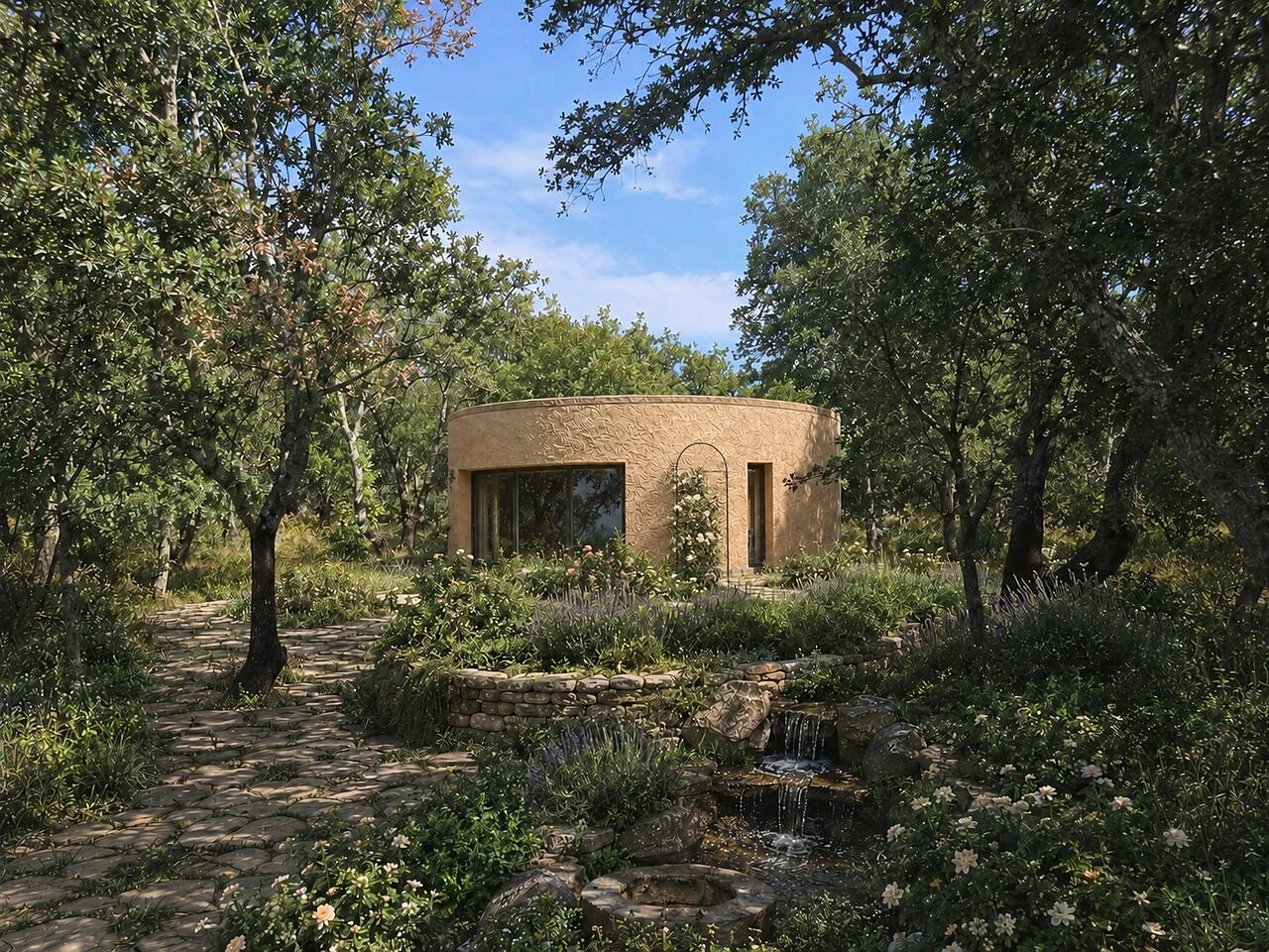 A round earthen villa among trees, with water falling over stone beside it