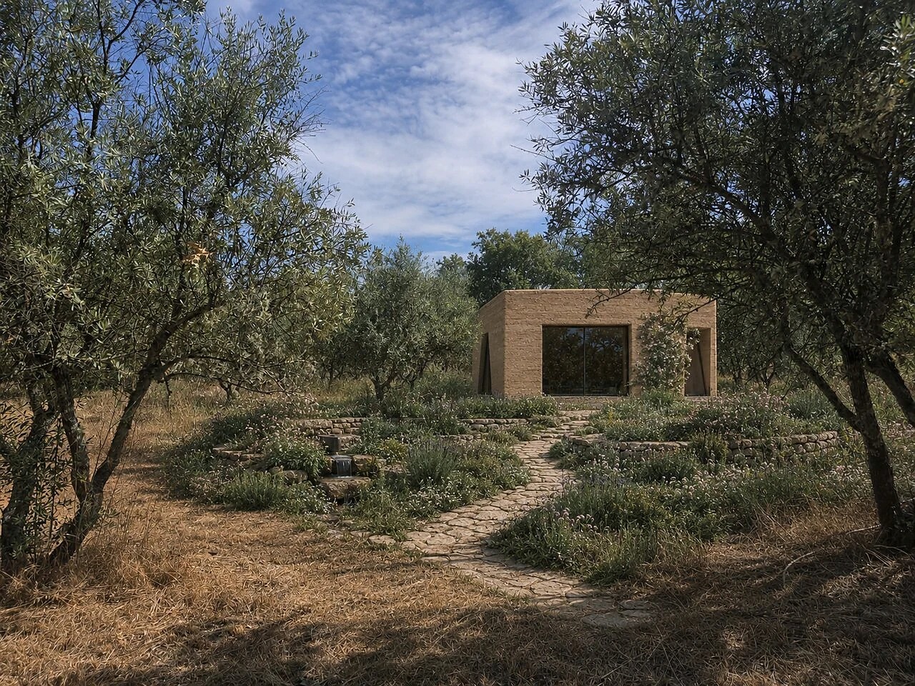 An earthen villa framed by olive trees