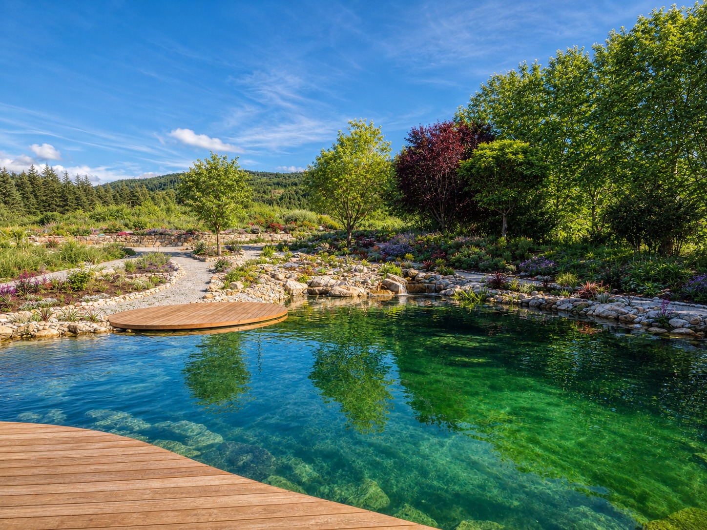 A clear natural swimming pond edged with timber decking and planted borders