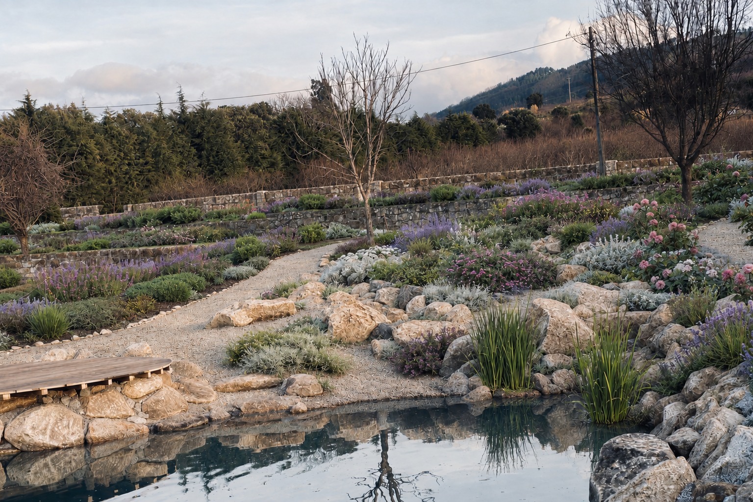 Stone terraces planted with lavender and perennials stepping down to a still pond